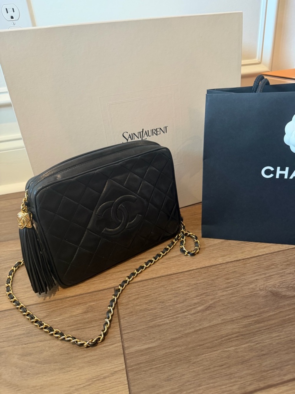 CHANEL Black Quilted Lambskin Crossbody Camera Bag with Gold Chain
